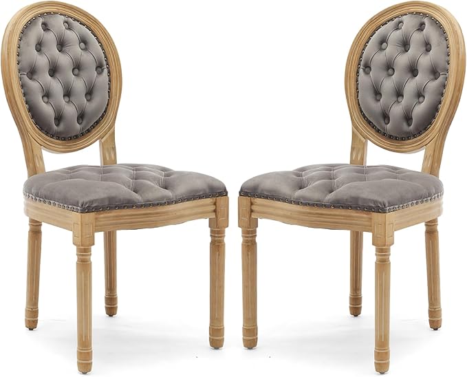 Upholstered Dining Chairs Set of 2 French Country Oval Fabric Back Kitchen Side Chair with Wood Legs for Dining Room, Kitchen, Restaurant(Grey-Velvet)