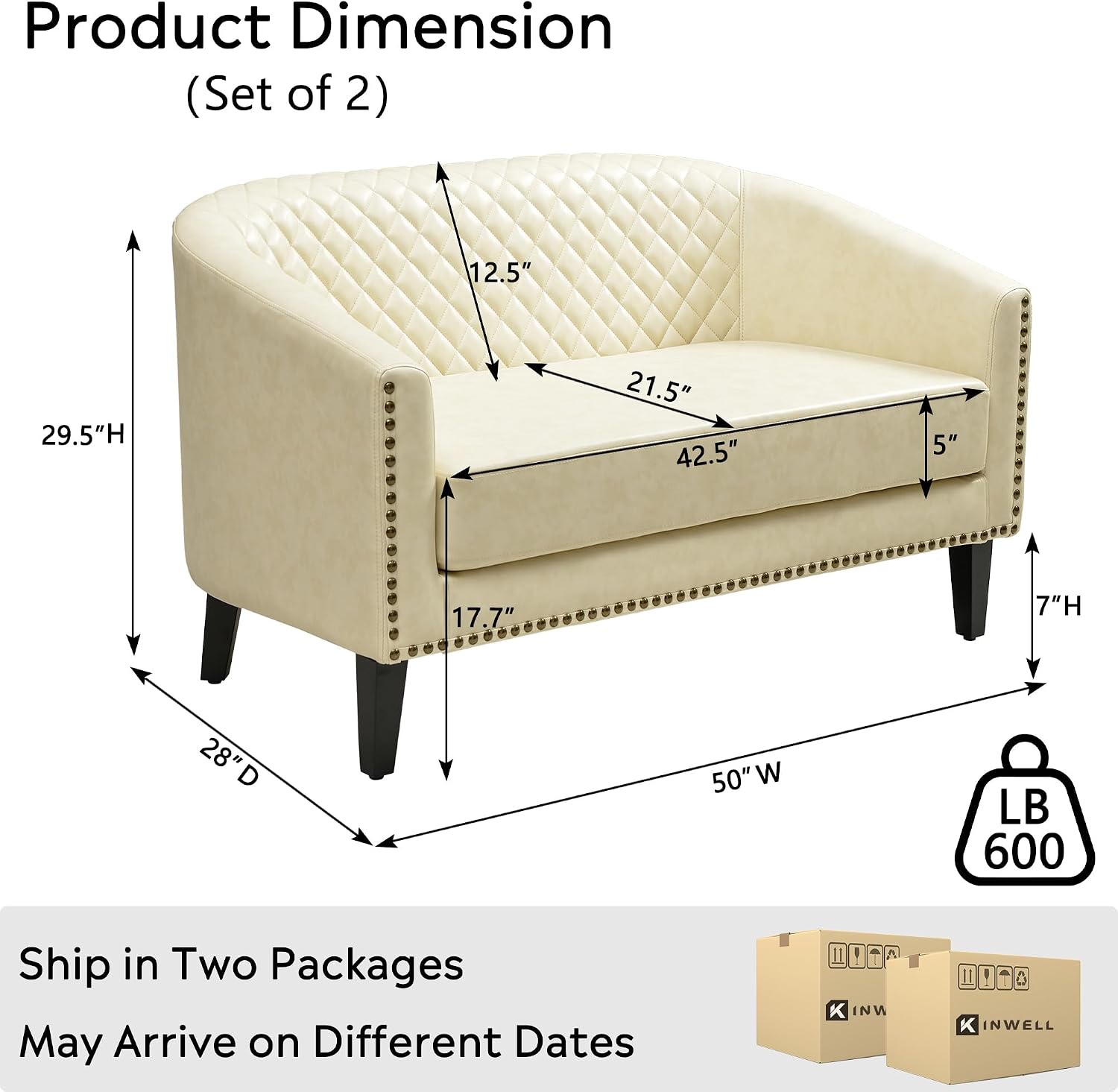 50" Faux Leather Small Barrel Love Seats Set of 2, Diamond Tufted Back Compact Loveseats Sofas with Nailhead Trim, Modern 2-Seater Couches with Solid Wood Legs for Small Spaces, Apartments, Cream