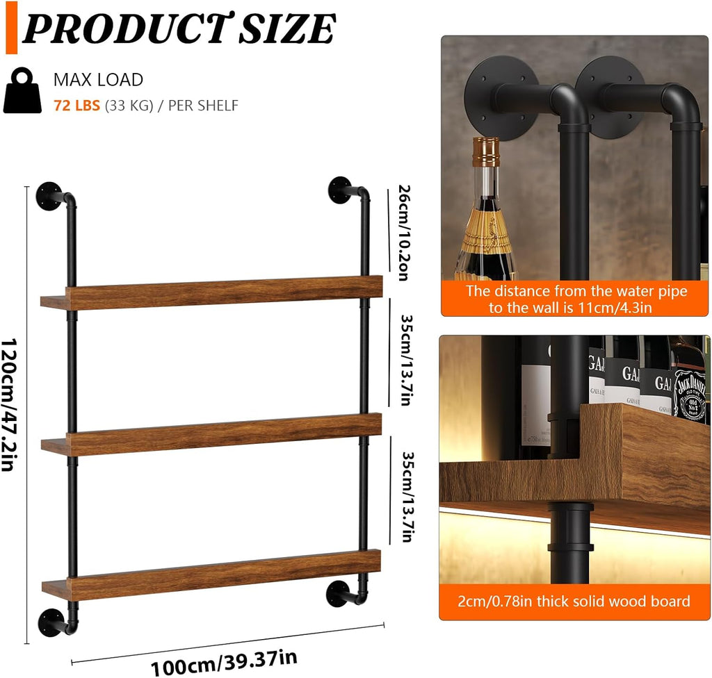 Large Wine Rack Wall Mounted with LED Light, Solid Wood Bar Shelves Wall Mounted, 3-Tiers Liquor Bottles Floating Shelves Display Storage Organizer for Home Bar, Dining Room (39.7 inch)