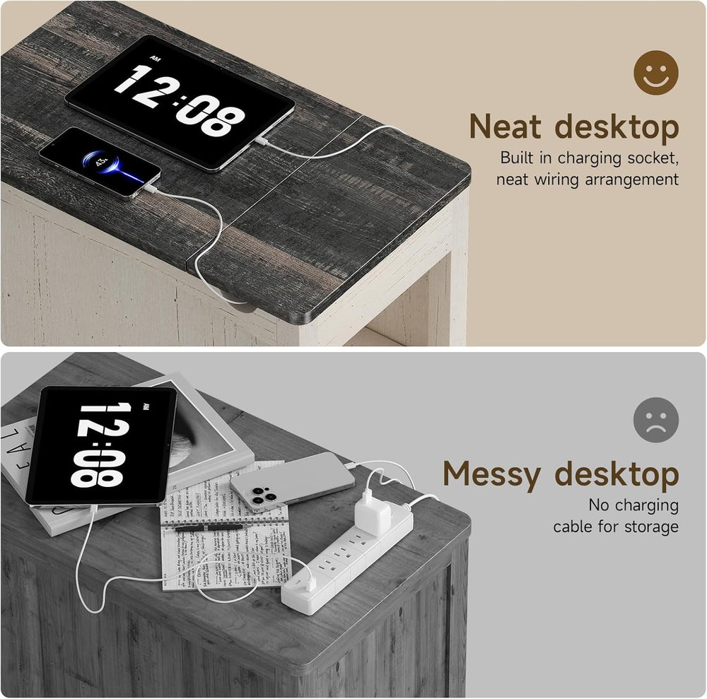 ONBRILL Farmhouse End Table with Charging Station, Narrow Side Table with Bar...