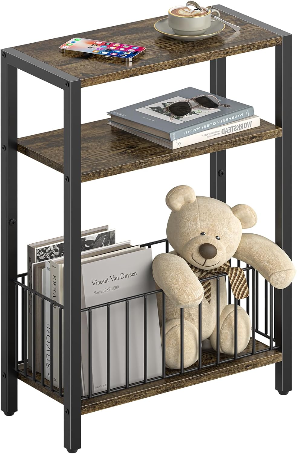Yoobure Narrow Side Table with Storage Basket, Small End Table for Small Spac...
