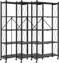DEANIC 5 Tier Foldable Storage Shelves with Wheels, Large Capacity Shelving Unit, Freestanding Metal Wire Shelf Rack, No Assembly Organizer Rack for Garage Kitchen, Basement, Pantry(Black Pack of 3)