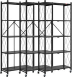 DEANIC 5 Tier Foldable Storage Shelves with Wheels, Large Capacity Shelving Unit, Freestanding Metal Wire Shelf Rack, No Assembly Organizer Rack for Garage Kitchen, Basement, Pantry(Black Pack of 3)