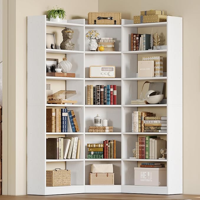 IRONCK Corner Bookshelf, 7-Tier Bookshelf with Storage, Corner Bookcases with Baffles Etagere Shelf for Living Room Home Office Bedroom, White