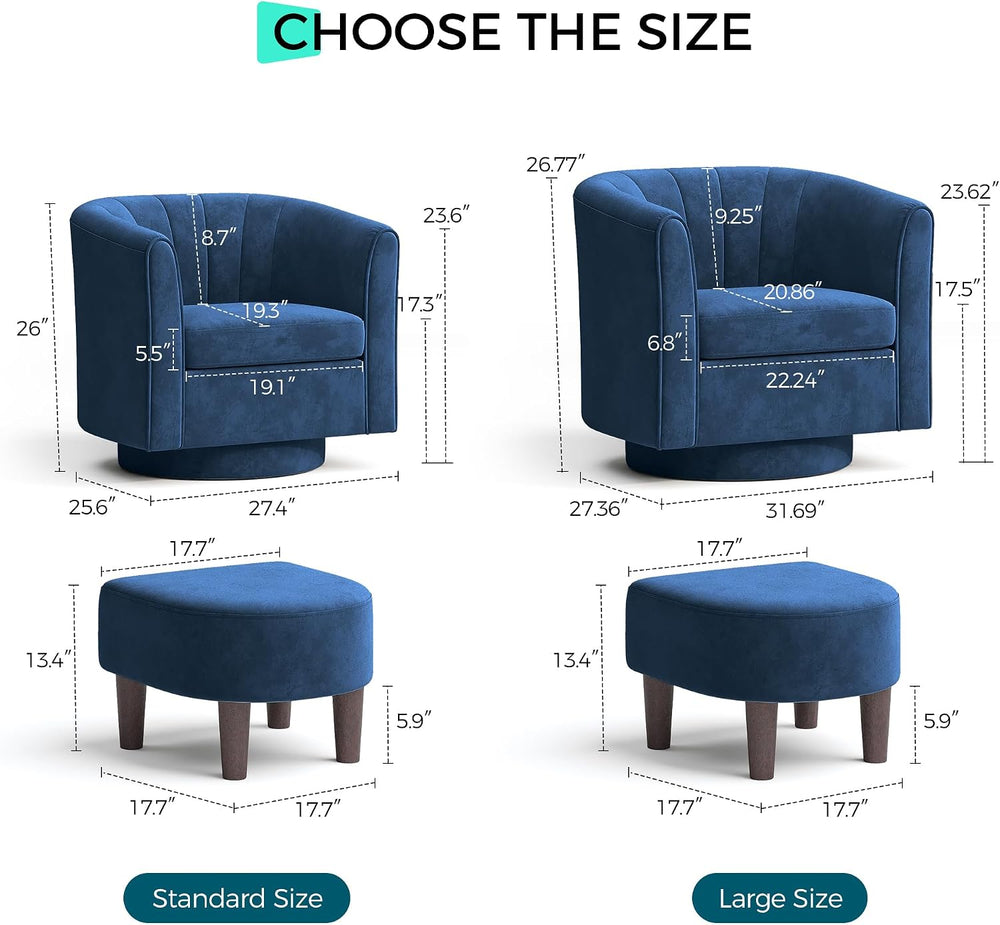 LINSY Large Swivel Accent Chair with Ottoman, Velvet Barrel Chair with Footre...