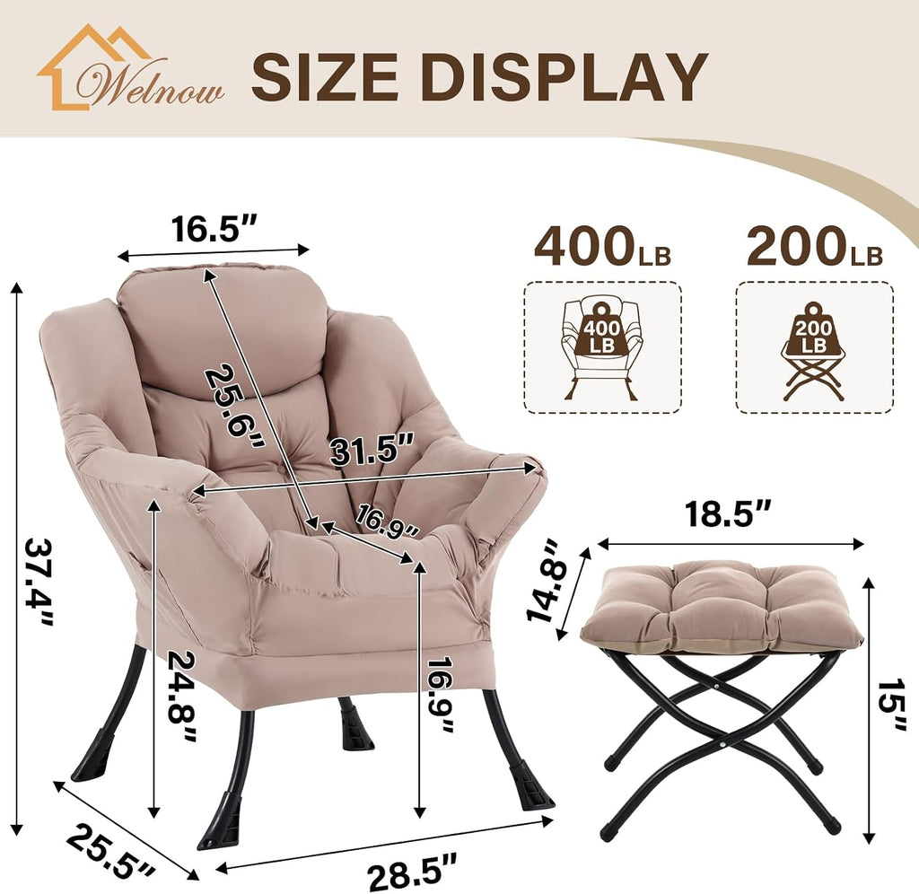 Welnow Lazy Chair with Ottoman, Reading Chair with Footrest，Khaki | A Side Pocket,Armrests,Foldable Footrest,Thick Cushioned Seat & Backrest, Lounge Chair for Bedroom,Living Room & Small Space