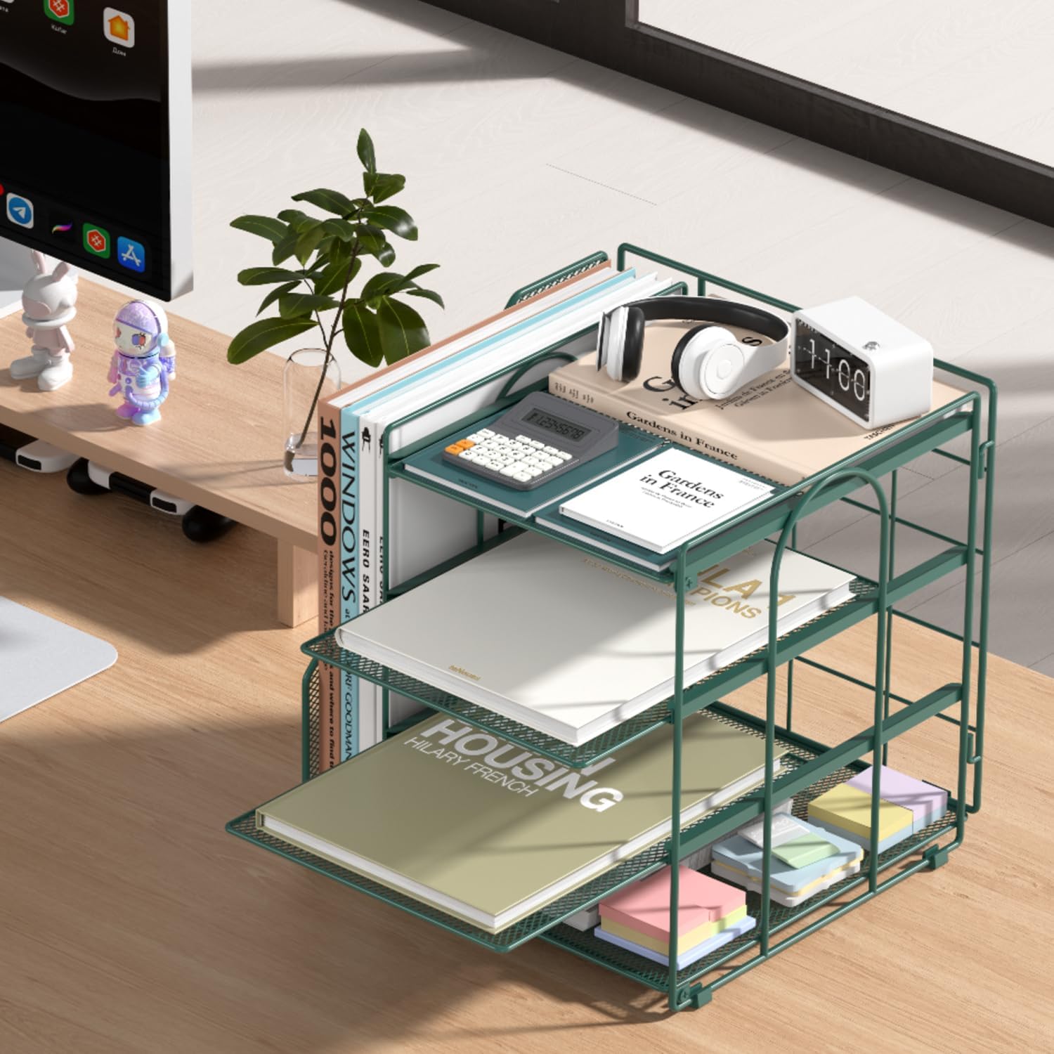 Desk File Organizer and Accessories, 4-Tier Paper Organizer with Vertical File Holder, Office Desk Accessories & Workspace Organizers and Storage for Office Supplies (Green)