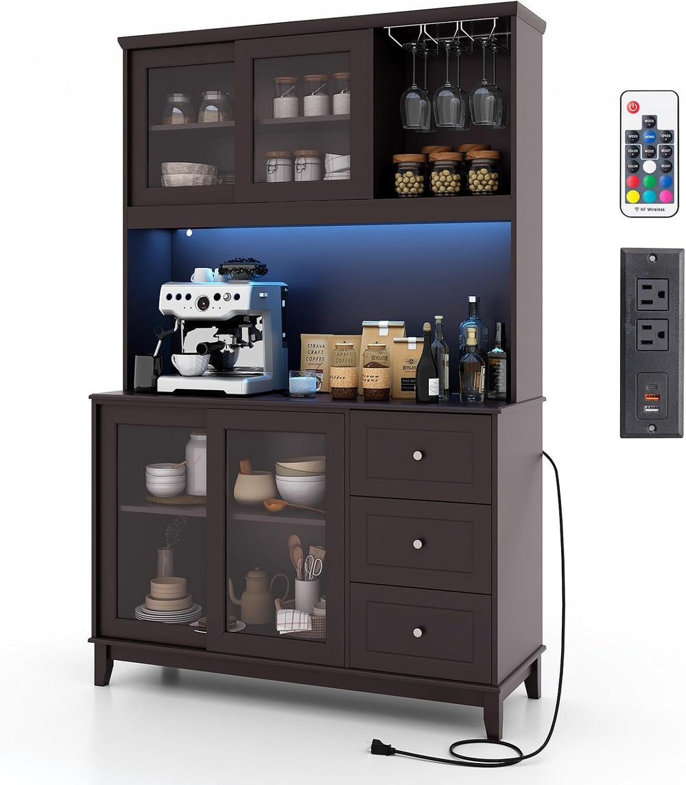 73” Kitchen Pantry Storage Cabinet, Buffet Hutch w/Power Outlets & Led Li...