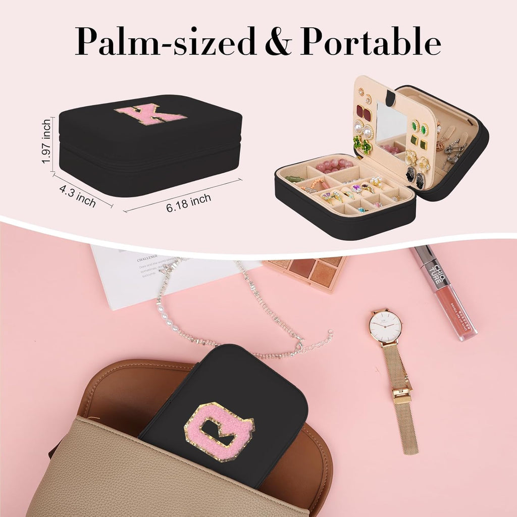 TopPerfekt Travel Jewelry Case, Jewelry Box with Mirror, Jewelry Organizer Bridal Shower Gifts to Her, Earring Storage Travel Case, Trendy Gift for Women and Girls, Girlfriend-Letter Q, Black