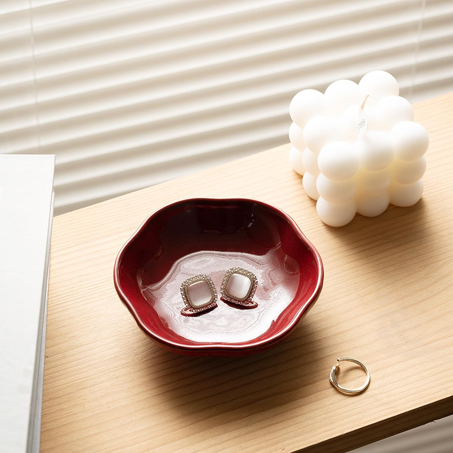 BEUNAIZER Ceramic Ring Dish, 4.3 in Flower Jewelry Tray with Raised Sides | Keeps rings, earrings, keys and hair accessories visible on a vanity, nightstand or bathroom counter.