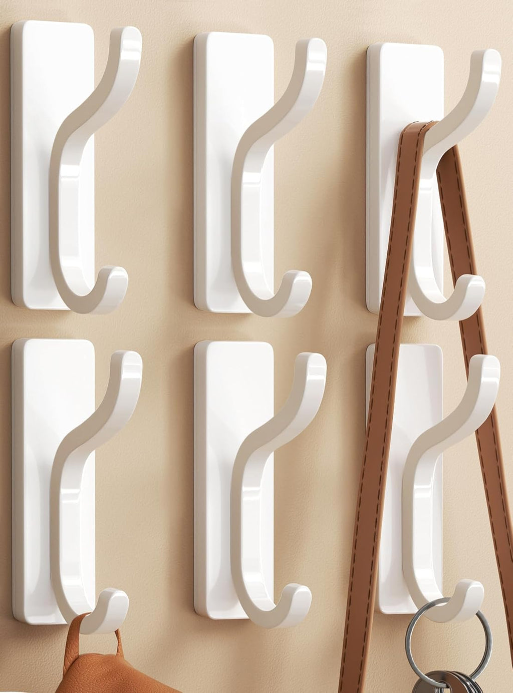 Self Adhesive Wall Hooks for Hanging - 6 Pack Stick On Holds 13 LB, Door Hooks for Towels, Coats, Purse, Jackets, Bags, Hangers for Shower, Dorm, RV, Bathroom, Kitchen - Stainless, Metal, White