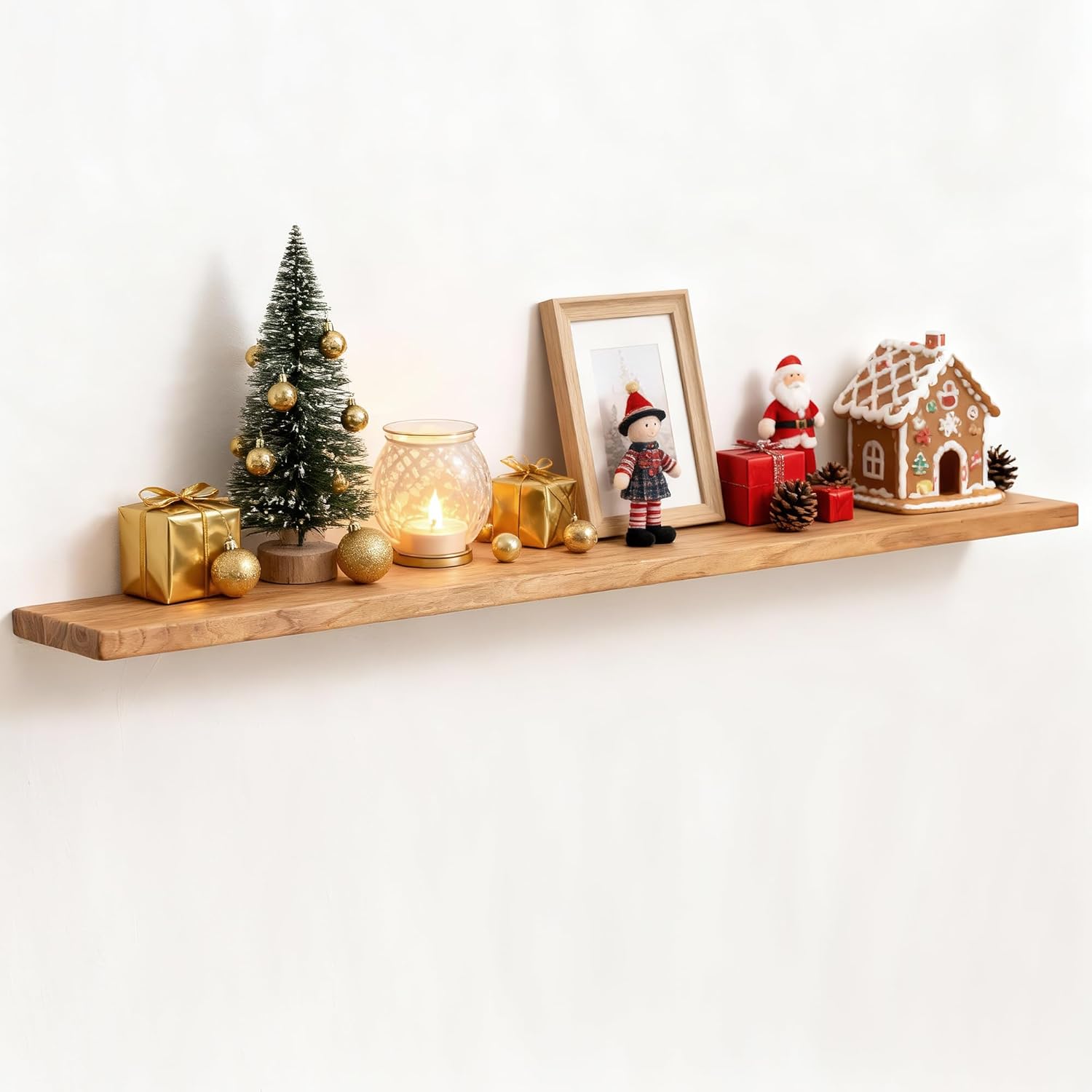 Fun Memories 55 Inch Floating Shelves for Wall, Solid Elm Wood Wall Shelf for Home Decor, Heavy-Duty Hardwood Floating Shelf for Bedroom, Bathroom, Living Room, Set of 1