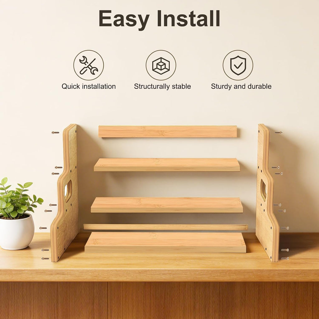 Bamboo Liquor Bottle Display Shelf, 3 Step Countertop Wine Rack, Bar Bottle Stand with Handles & Guardrail, Retro Mini Display Rack for Syrup, Wine, Dressing, Home Kitchen Cafe, Natural