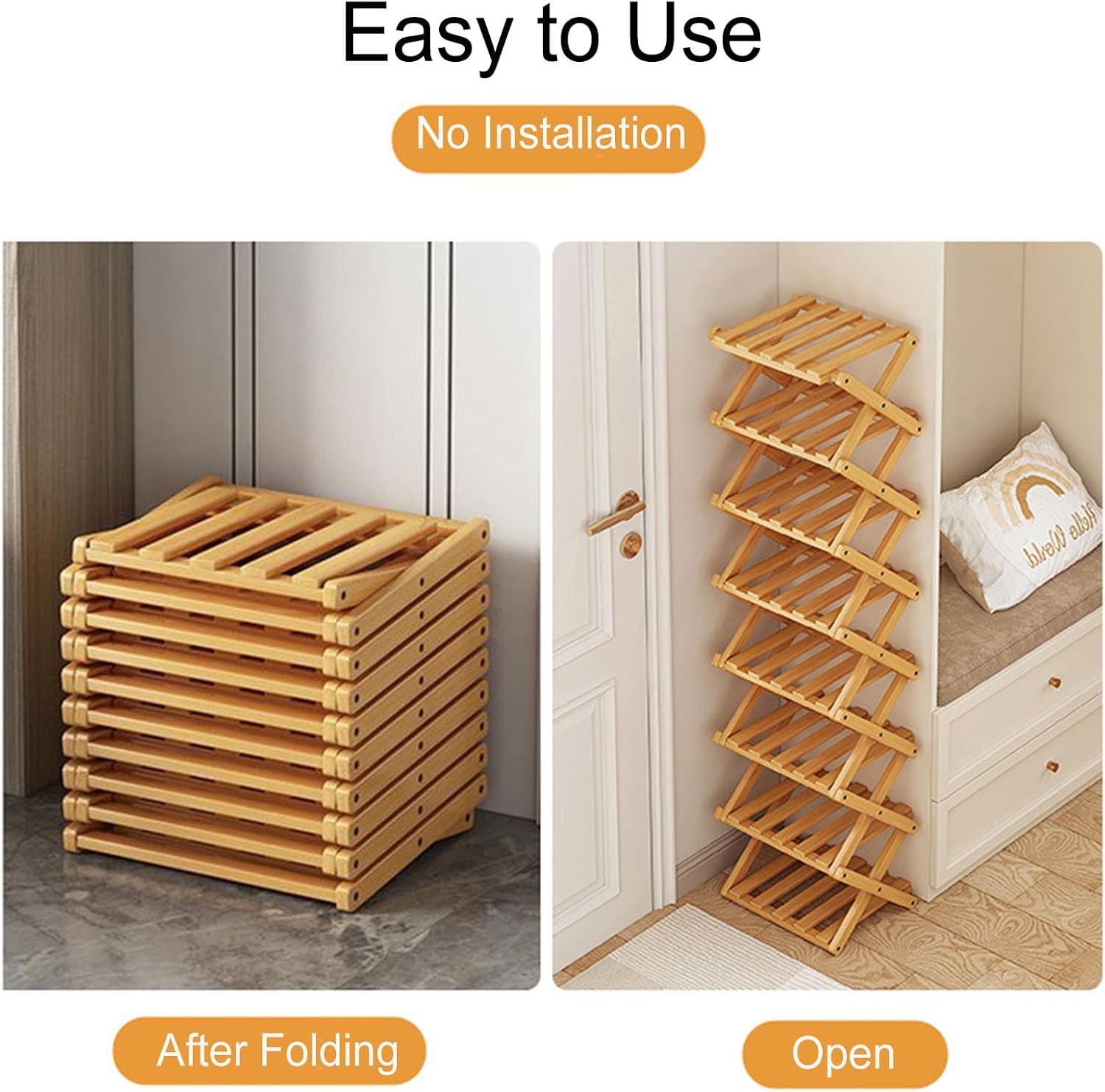 YYW Shoe Rack, Foldable Bamboo Shoes Shelf, Freestanding Shoe Storage Organiser for Entryway, Hallway, Bedroom, Closet (Brown, 3 Layers)