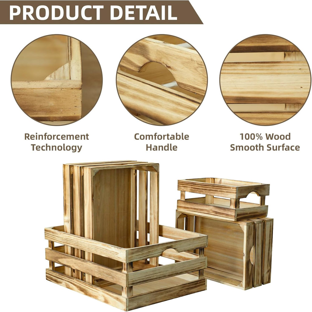 Large Torched Wood Storage Crates Decorative, Set of 4 Nesting Wooden Crates for Display Rustic, Farmhouse Wooden Storage Container Boxes Made from 100% Wood