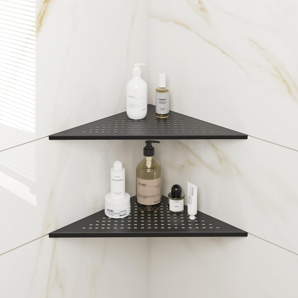 FerdY 2-Pack 10" Matte Black Recessed Corner Shower Shelf, for Tiled Bathroom Walls, 304 Stainless Steel Floating Shelf, Shower Caddy Storage Shelves, No Drilling Required, Point Triangle