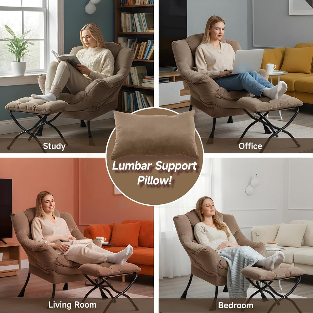 Lazy Chair with Ottoman, Comfy Chair with Pillow，Pure Khaki