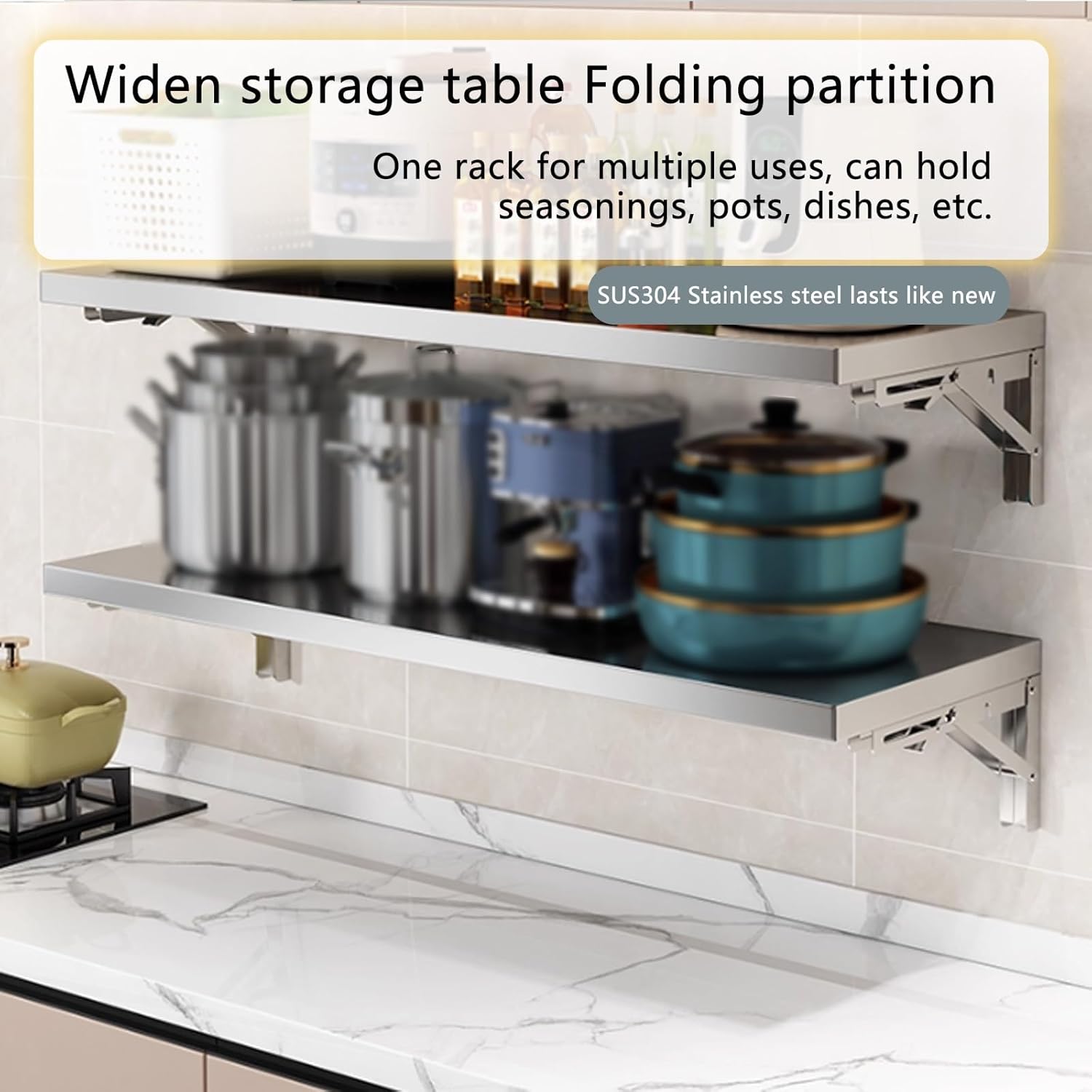 304 stainless steel folding table, wall-mounted folding table, kitchen storage shelf, made of food-grade stainless steel material, suitable for living room, balcony, bathroom, or laundry room.(40*30cm