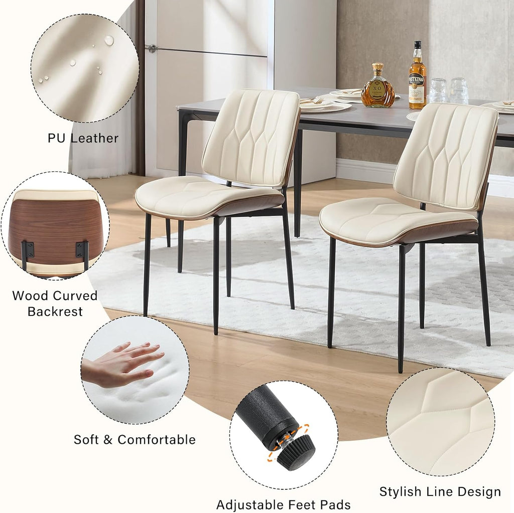 Mid Century Walnut Bentwood Armless Kitchen Dining Chairs Set of 4, Beige | PU leather seat with curved walnut bentwood back & metal legs, armless design, ideal for dining room, kitchen, or cafeteria