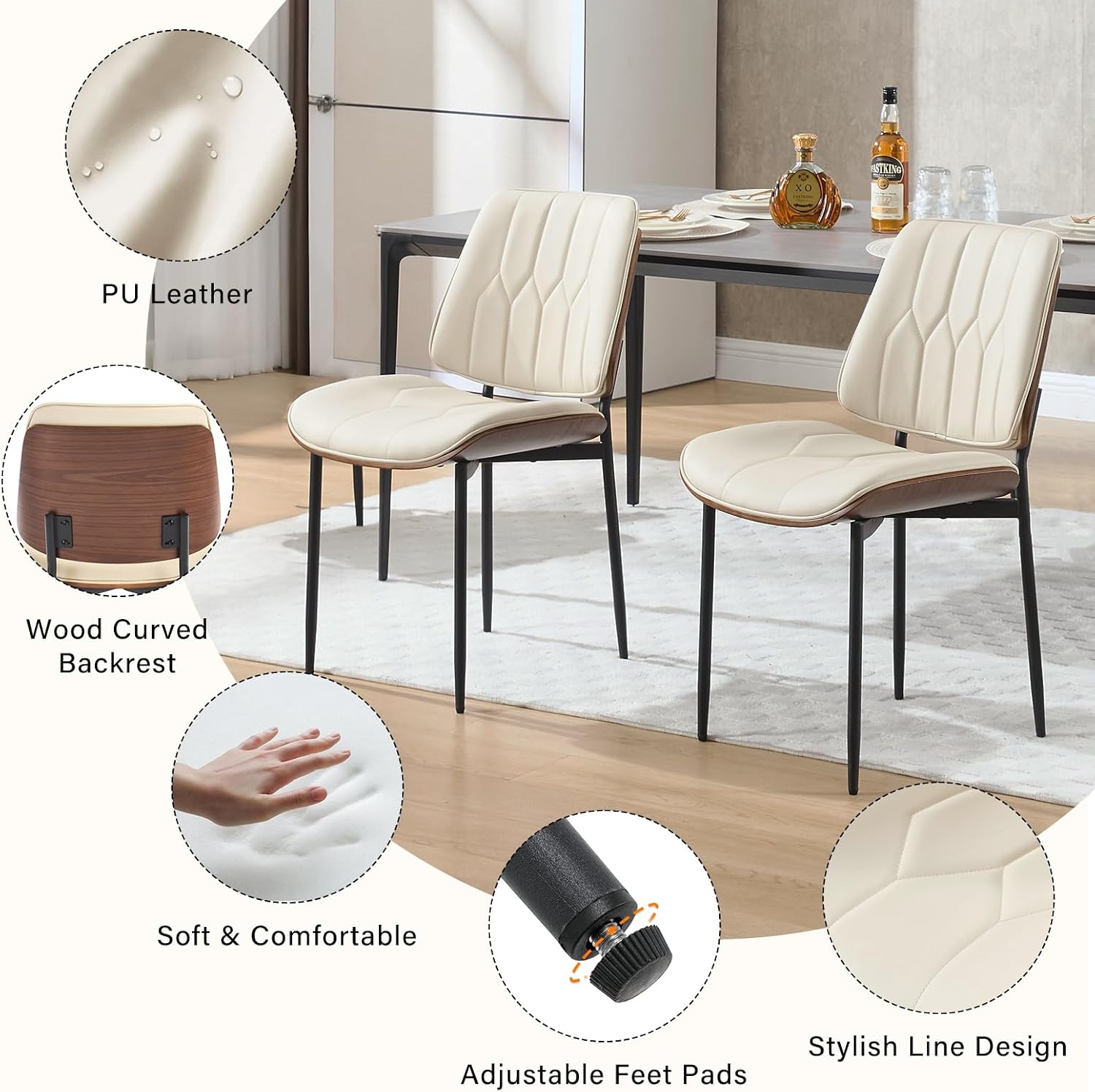 Mid Century Walnut Bentwood Armless Kitchen Dining Chairs Set of 4, Beige | PU leather seat with curved walnut bentwood back & metal legs, armless design, ideal for dining room, kitchen, or cafeteria