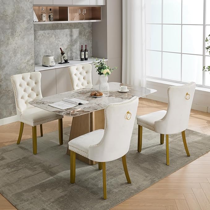 Velvet Dining Chairs Set of 4, High-end Tufted Upholstered Dining Chair with Back Ring Pull, Nailhead Trim and Golden Solid Wood Legs, Modern Dining Room Chairs for Dining Room, Cream