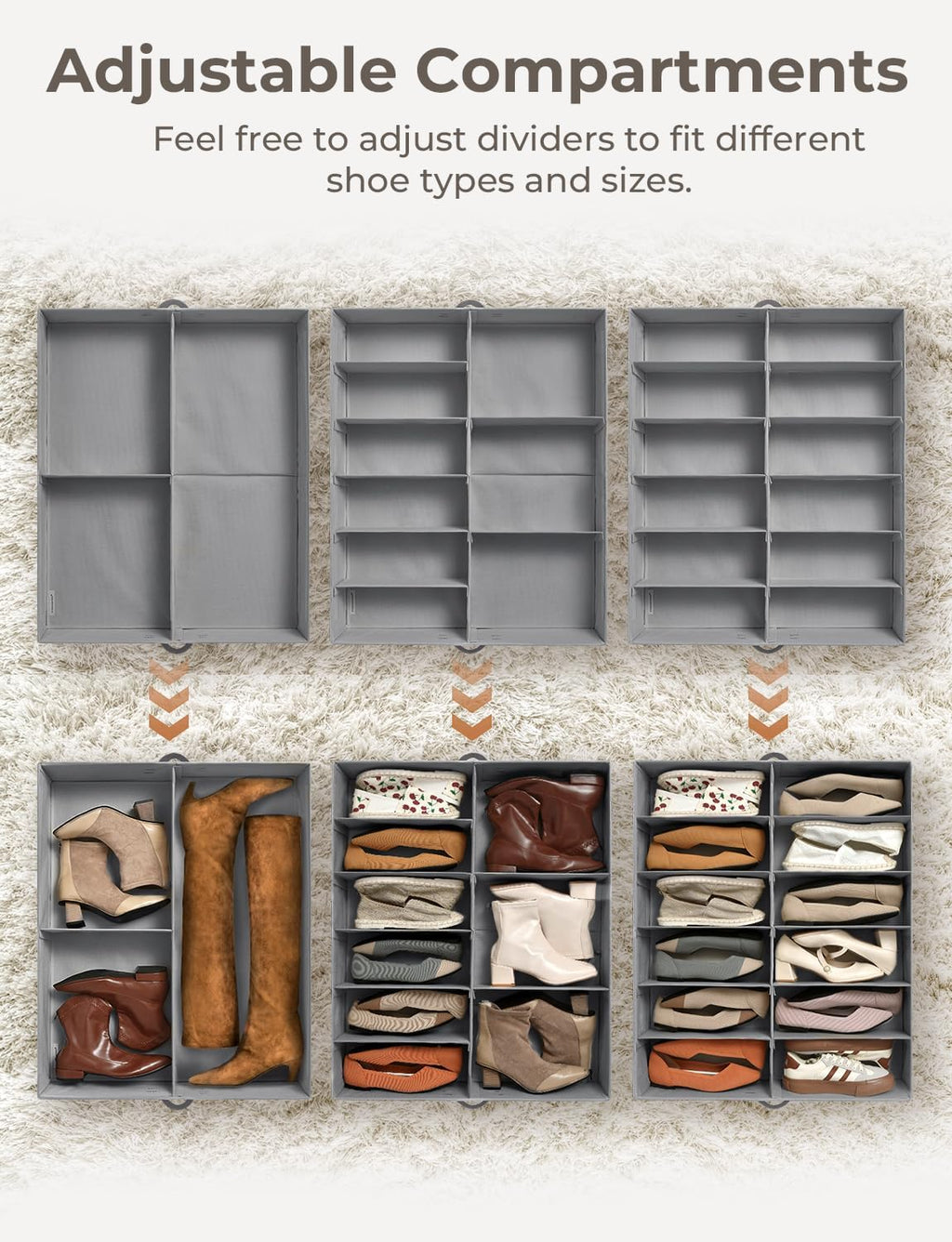 StorageWorks Shoe Organizer for Closet, Fits up to 24 Pairs, 2-Pack Ultra-thick Fabric Under Bed Shoe Storage Containers with Bottom Support and Adjustable Dividers, Grey