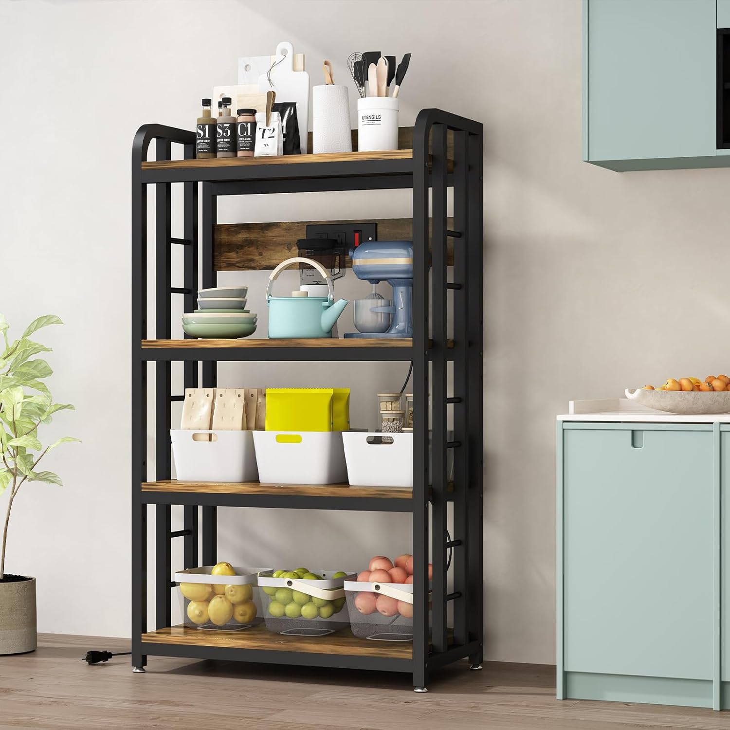 SIREDEEP Bakers Rack with Power Outlet ，4-Tier Kitchen Baker's Rack,Microwave Stand with Storage Suitable for Kitchen, Living Room, Dinning Room，Coffee Bar(Rustic Brown)