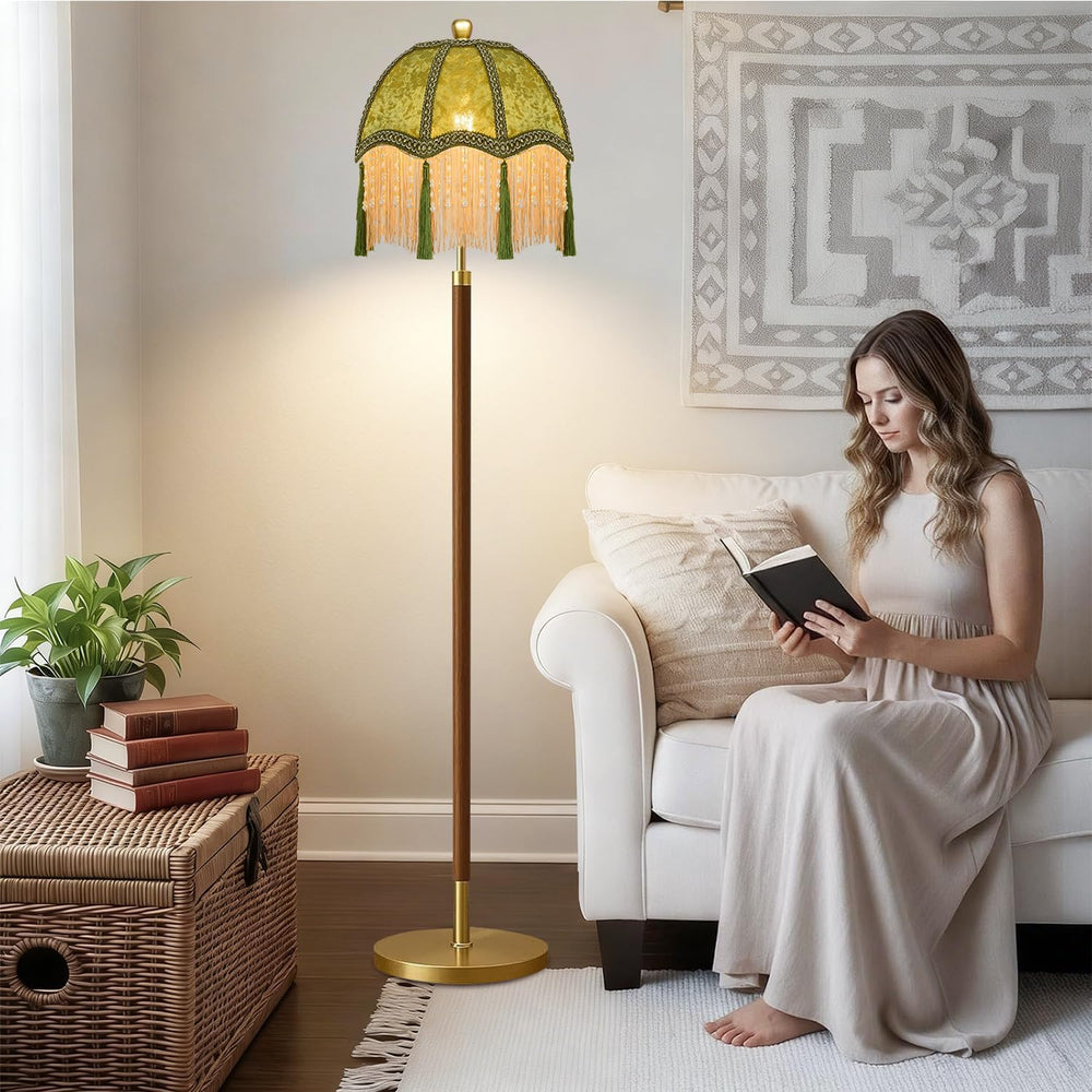 Vintage Floor Lamp For Living Room,Remote Dimmable Wood Gold Standing Lamps W...
