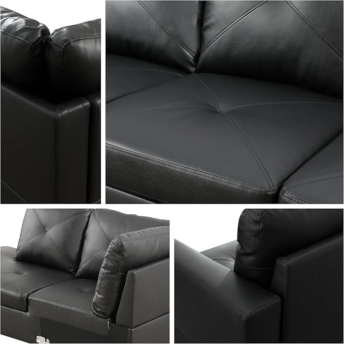 L-Shaped Sectional Sofa with Movable Chaise & Storage Ottoman, Leather 3-Piece Modular Convertible Couches for Living Room, Apartment & Office, Black