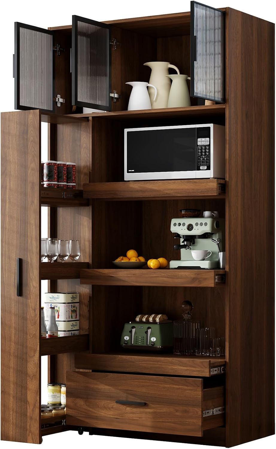 70.87" Tall Kitchen Pantry Cabinet, Walnut Wood Pantry Cabinet with 2 Dr...