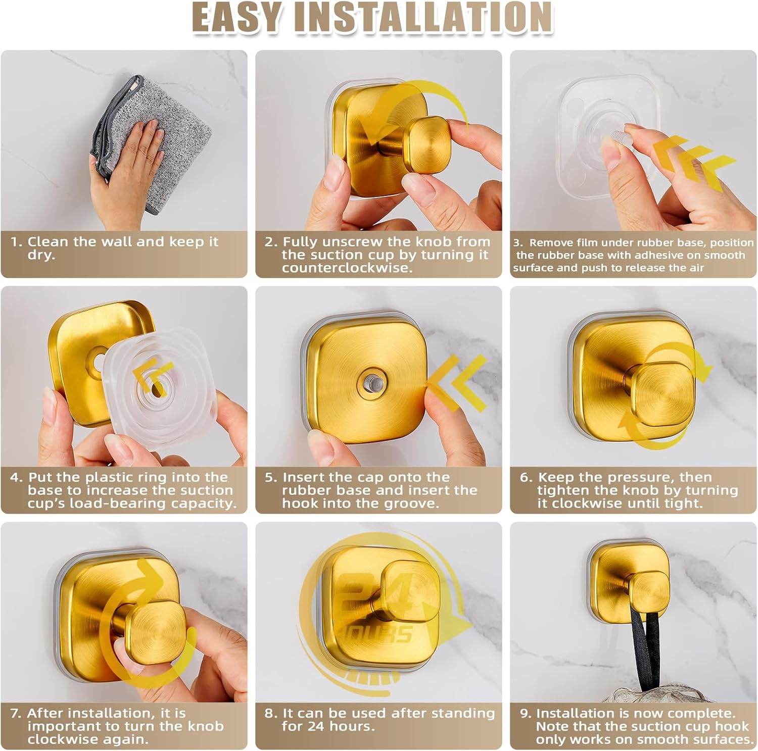 Suction Cup Hooks for Shower - Resuable Bathroom Hooks for Towels, Robes & Loofah - No-Drill Mounting on Kitchen,Walls,Metal,Glass,Mirrors,Tile & Smooth Non-Porous Surfaces (4, Brushed Gold)