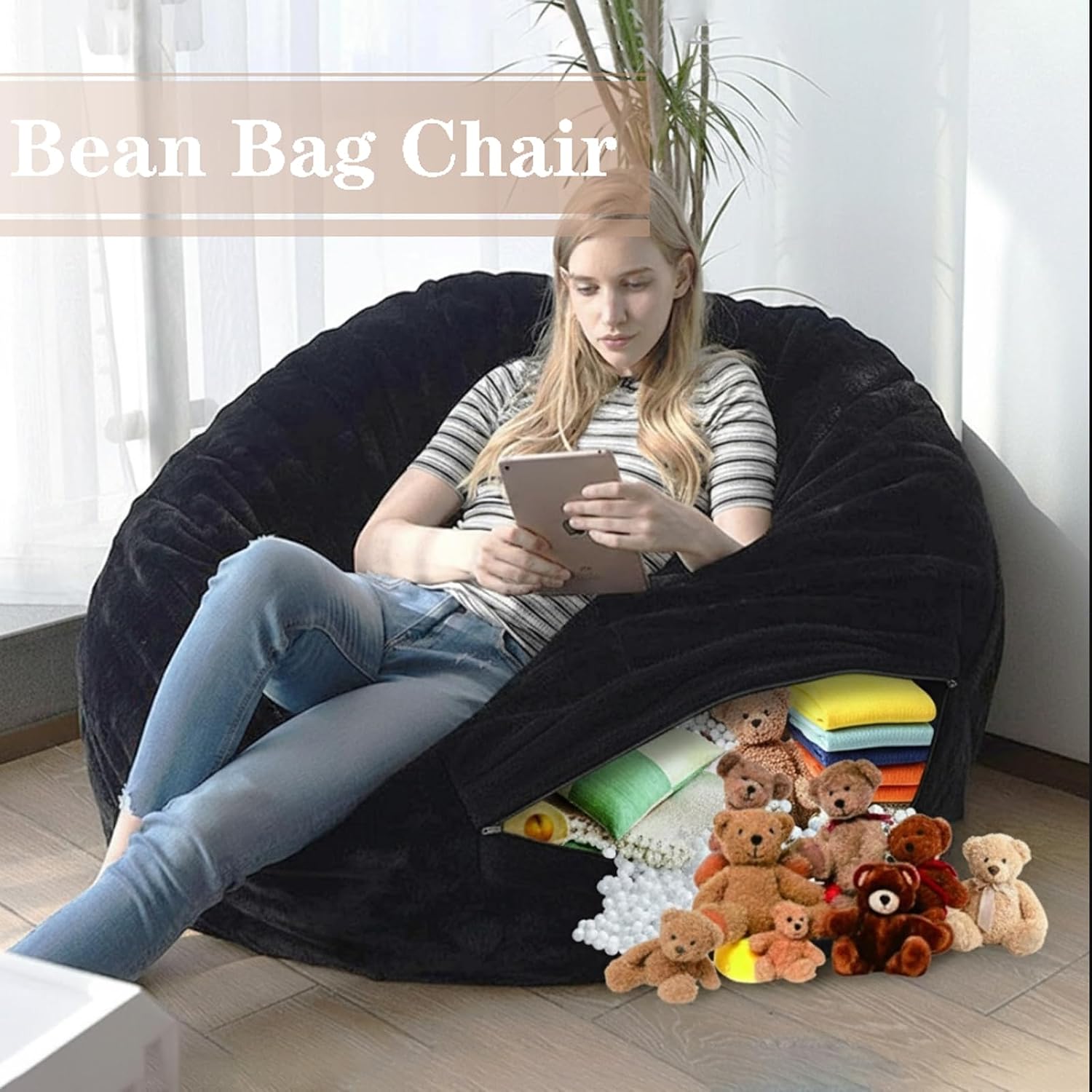 Bean Bag Chair Cover (No Filler), 6ft Fluffy Washable Large Bean Bag Chairs Cover for Adults for Living Room Bedroom Furniture