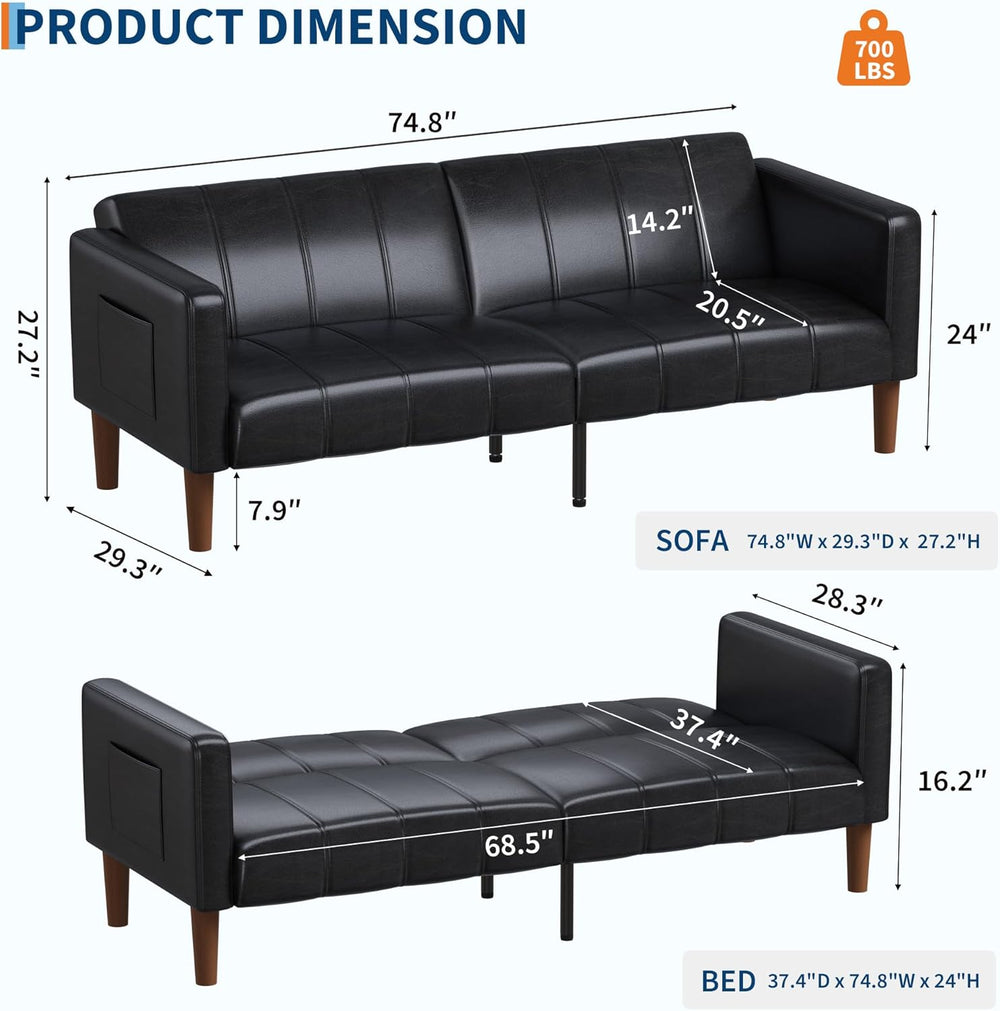 75 in Futon Sofa Bed, Faux Leather Convertible Couch with Adjustable Backrest...