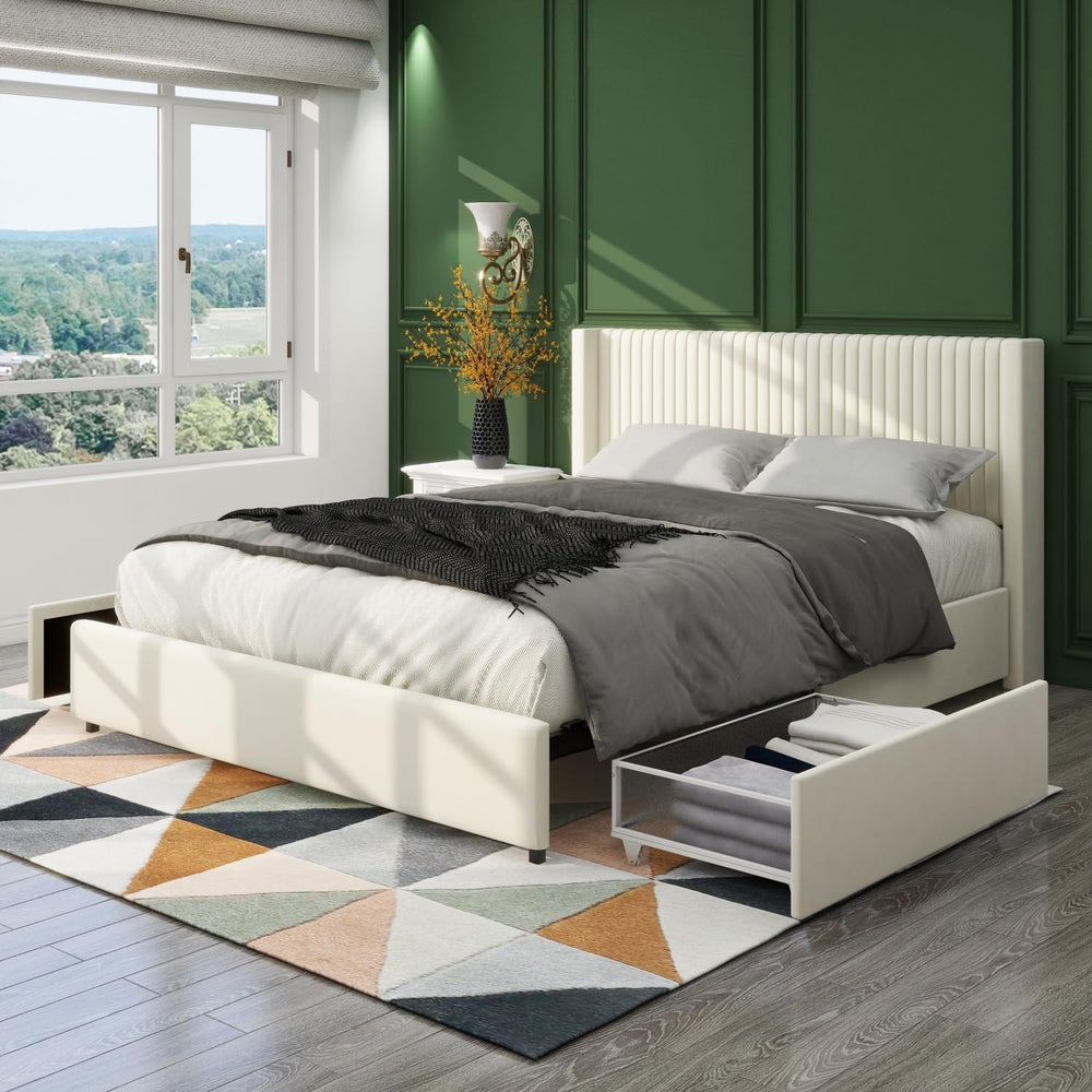 Ivory Velvet Upholstered Wingback Platform Bed with 2 Drawers, Queen Size Sto...
