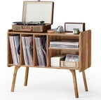 Lerliuo Record Player Stand with 4 Cabinet Holds Up to 220 Albums,Oak | Large Turntable Stand with Wood Legs, Mid-Century Record Player Table,Vinyl Holder Storage for Bedroom Living Room