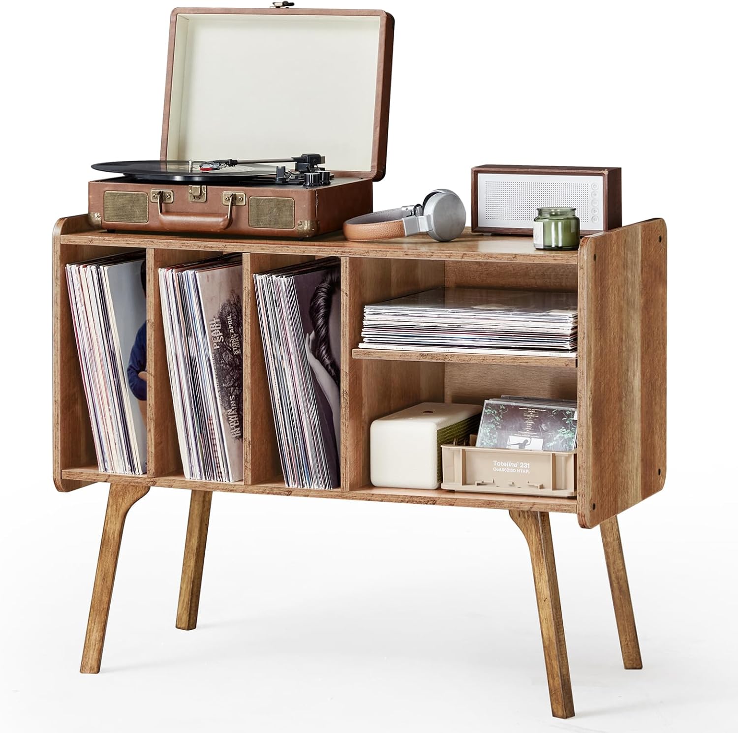 Lerliuo Record Player Stand with 4 Cabinet Holds Up to 220 Albums,Oak | Large Turntable Stand with Wood Legs, Mid-Century Record Player Table,Vinyl Holder Storage for Bedroom Living Room