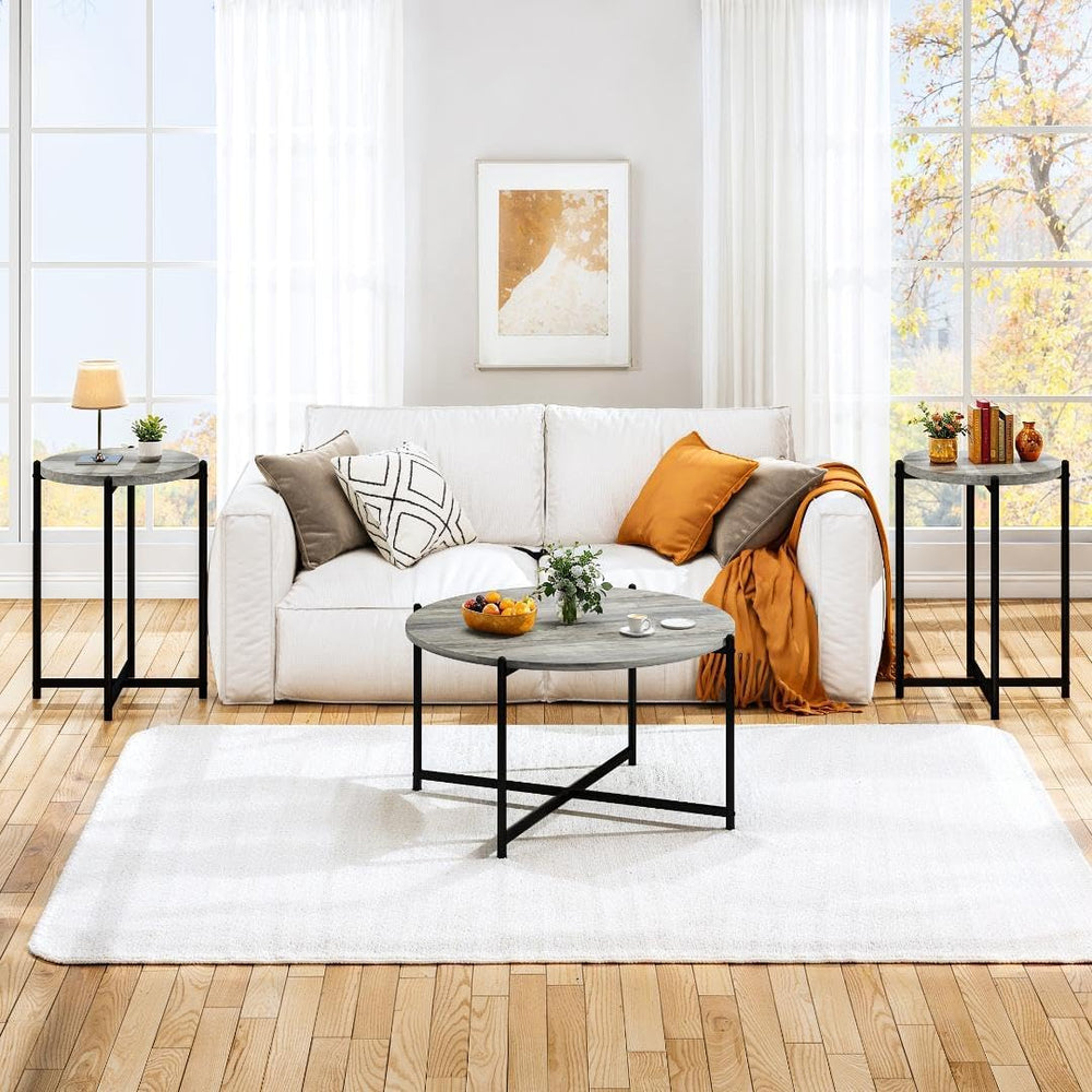 DKLGG Round Coffee Table Set of 3, Farmhouse Wooden Coffee Table and 2 End Ta...