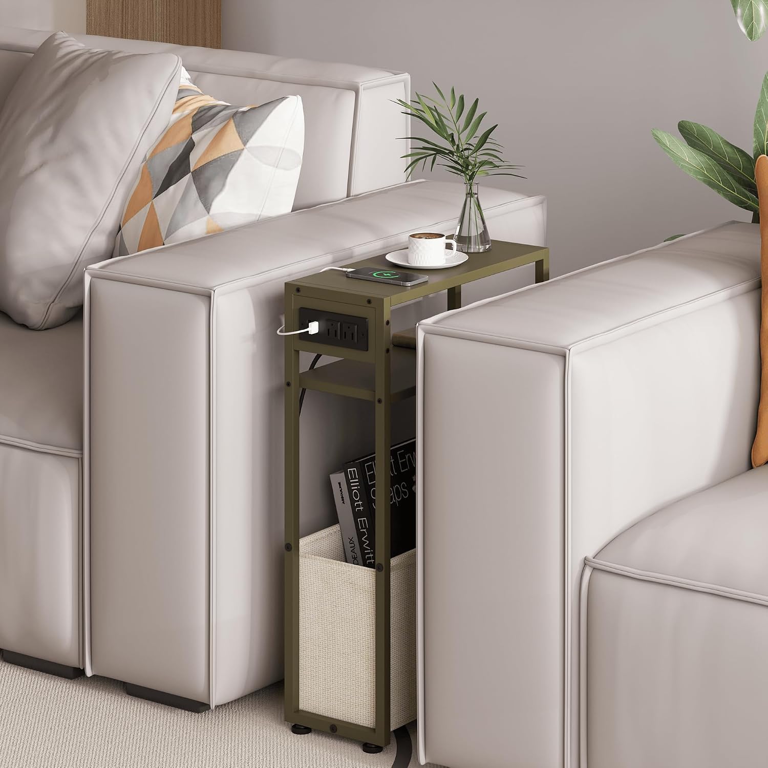 Leomonio Green Side Table with Charging Station, Slim End Tables with Linen Basket, Skinny Table for Small Spaces, Thin Bedside Table for Living Room, Bedroom