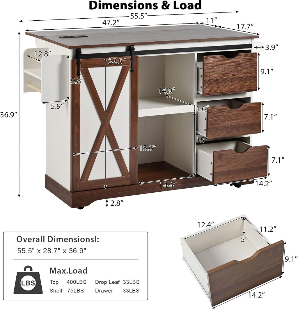 Ball & Cast Farmhouse Kitchen Island with Drop Leaf & Barn Door,Rolling Kitchen Cart on Wheels with Power Outlet,3 Large Drawers,Adjustable Shelf & Spice Rack,for Home,Kitchen,Dining Room,White,56"