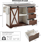 Ball & Cast Farmhouse Kitchen Island with Drop Leaf & Barn Door,Rolling Kitchen Cart on Wheels with Power Outlet,3 Large Drawers,Adjustable Shelf & Spice Rack,for Home,Kitchen,Dining Room,White,56"