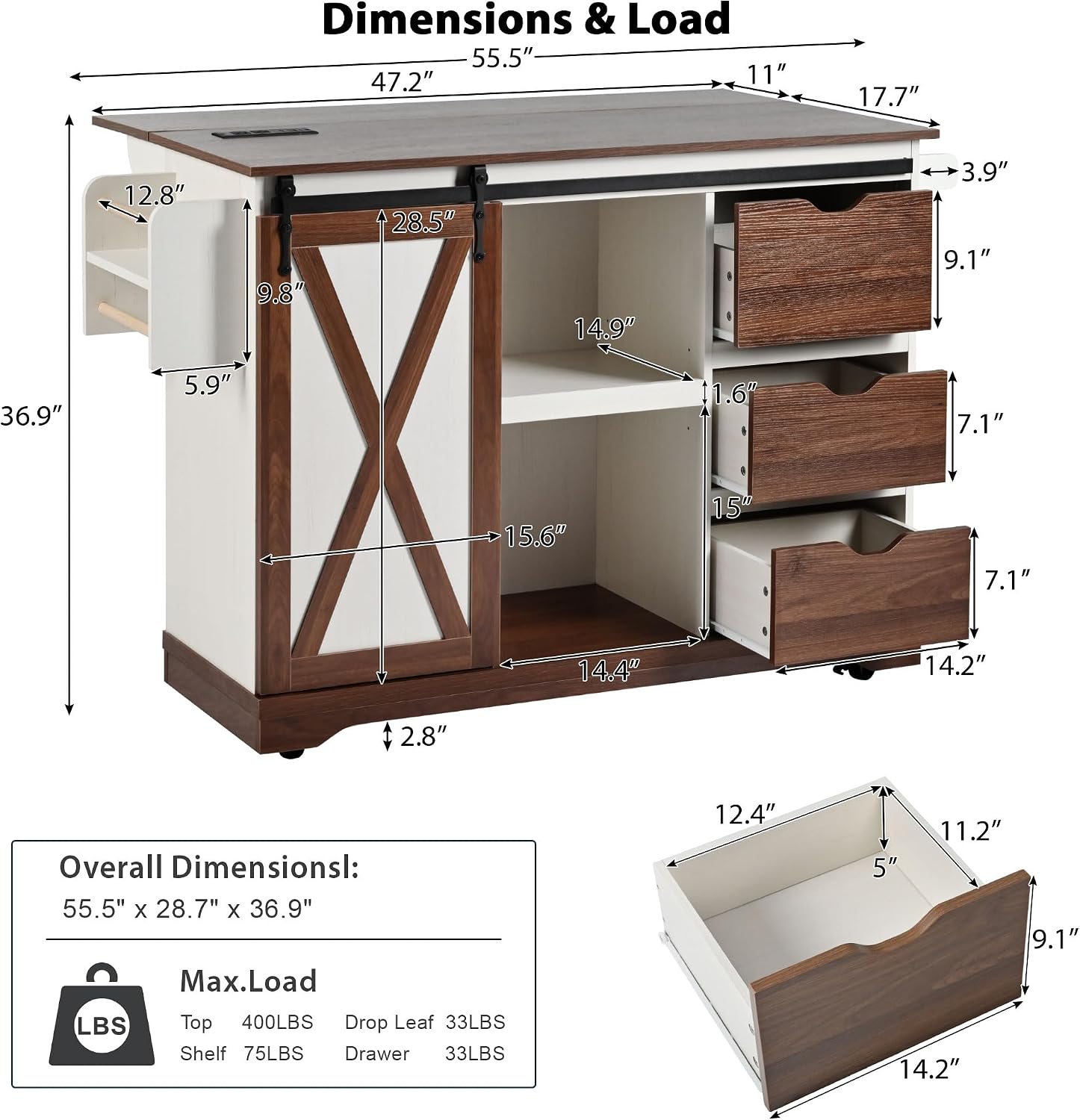 Ball & Cast Farmhouse Kitchen Island with Drop Leaf & Barn Door,Rolling Kitchen Cart on Wheels with Power Outlet,3 Large Drawers,Adjustable Shelf & Spice Rack,for Home,Kitchen,Dining Room,White,56"