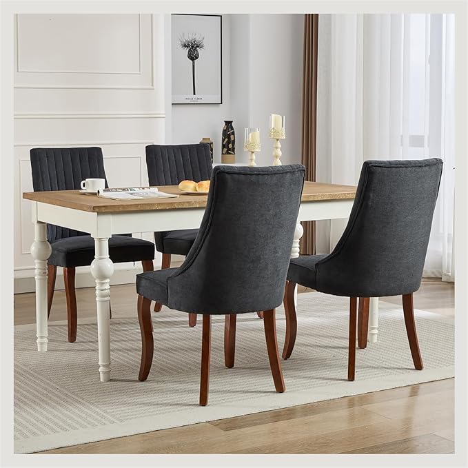 Linen Dining Chairs Set of 6，Fabric Channel Tufted Kitchen Chairs, Upholstered Accent Chairs with Curved Solid Wood Legs, Comfortable Dining Chair for Dining Room, (Black, 6pc)