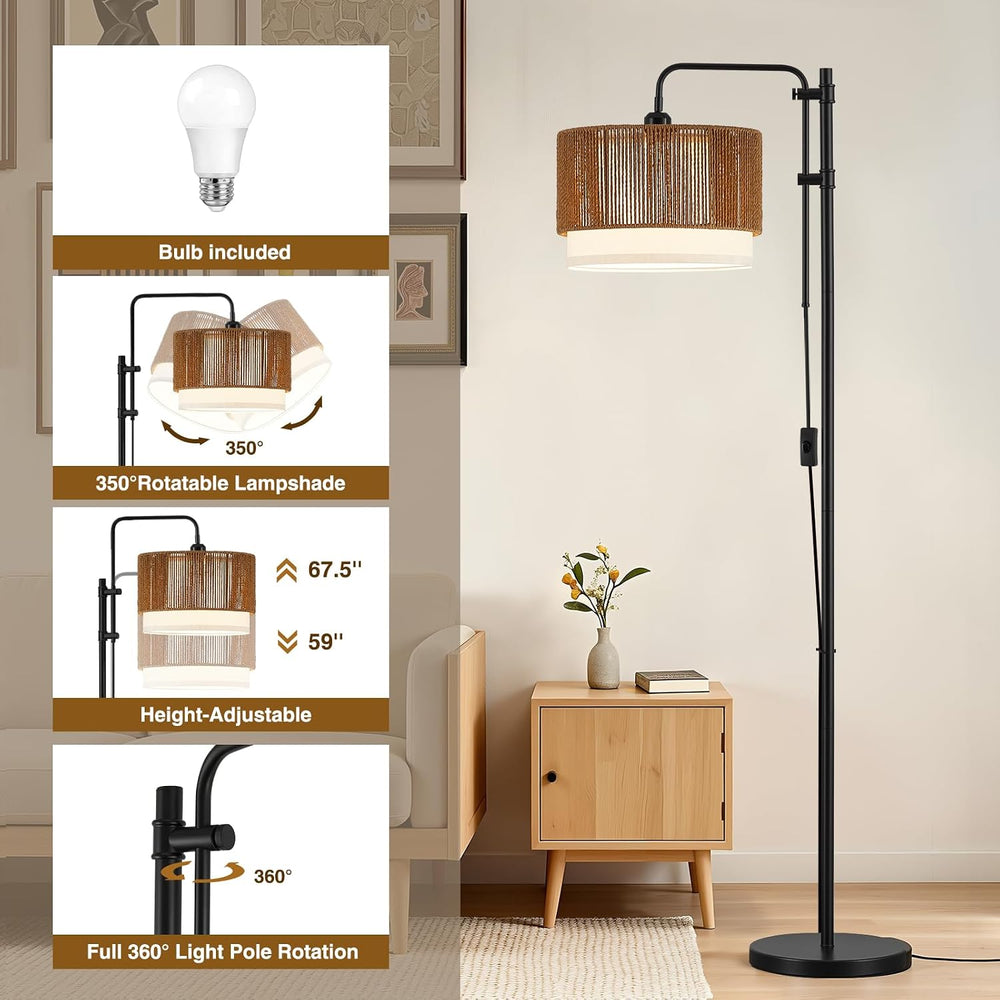 GyroVu Rattan Floor Lamp for Living Room, Adjustable Height Standing Lamp