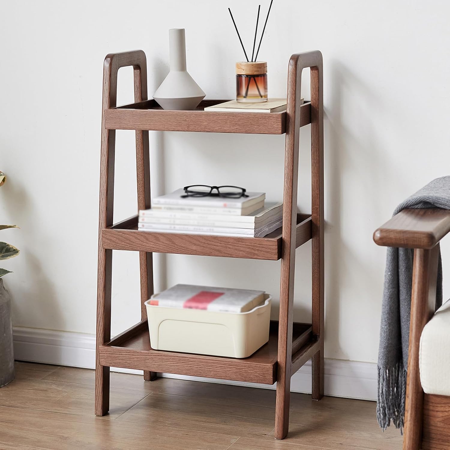 Solid Oak 3-Tier Ladder Shelf, Small Bookshelf with Anti-Dropping Guardrails, Free Standing A-Frame Wood Storage Organizer & Plant Stand for Living Room, Bedroom, Small Spaces (Walnut)