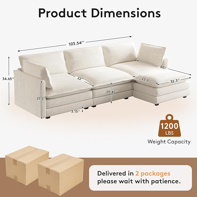ROWHY 104'' Modular Sectional Cloud Couch with Movable Ottoman, 4 Seat Modern Corduroy Sofa, Deep Seat L Shaped Couch for Living Room Bedroom Apartment, Beige | Premium Corduroy, Washable Covers, Arrange Freedom, Sturdy Frame, Movable Ottoman, Deep Seat