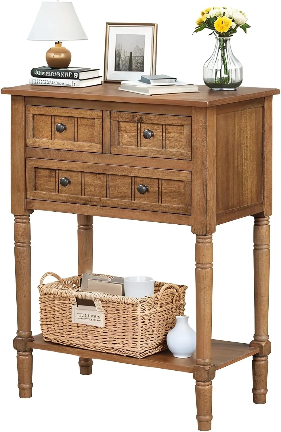 LKTART Small Solid Wood Sofa Table,Console Table with Drawers and Bottom Shel...