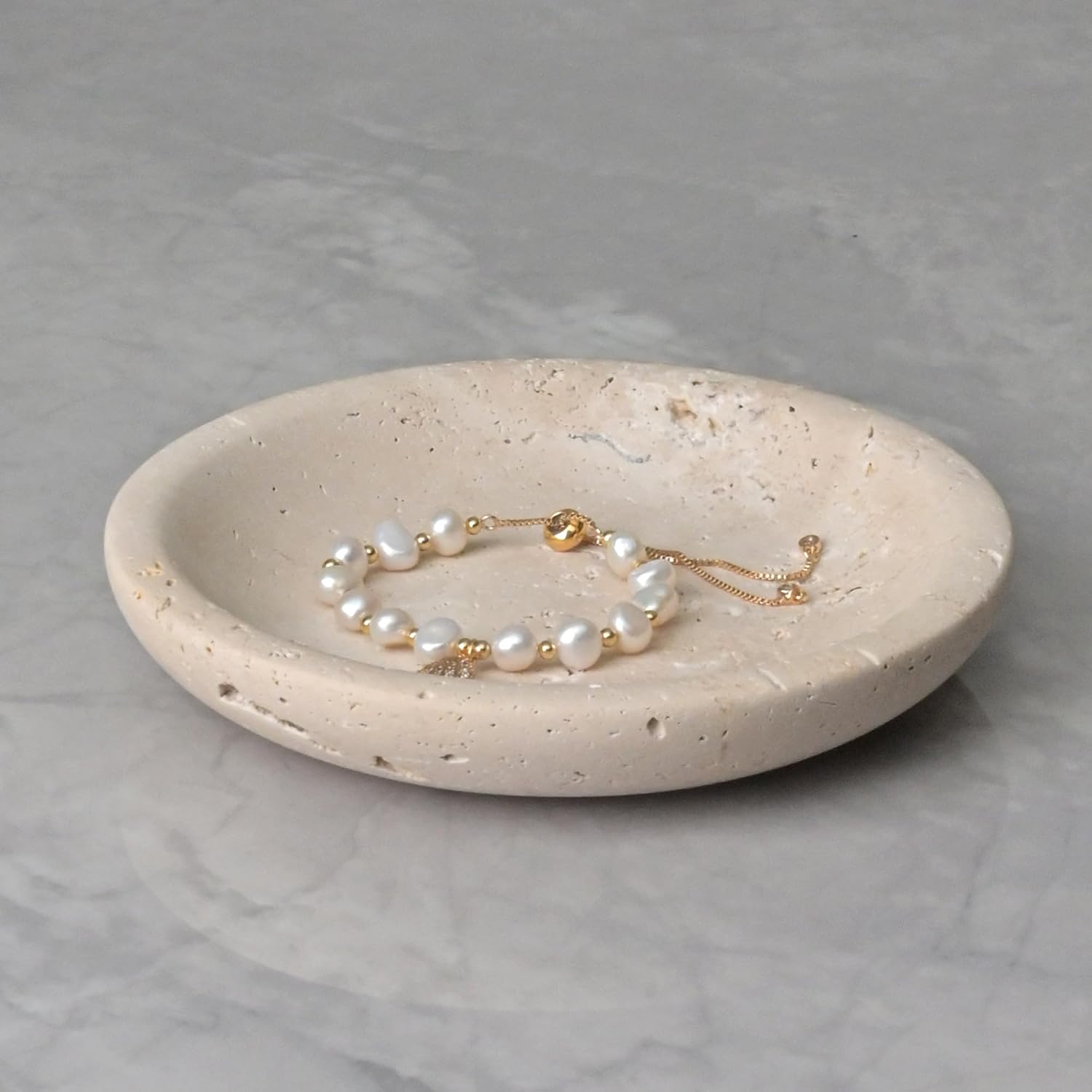 ZSHAWN Natural Beige Travertine Ring Dish Jewelry Tray – 5.5" Trinket Dish for Rings Earrings Necklace, Scratch-Resistant Vanity Organizer, Elegant Gift for Women