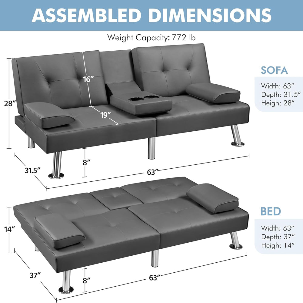 Yaheetech Convertible Futon Sofa Bed Loveseat with Cup Holder, Gray | 3 Angle...