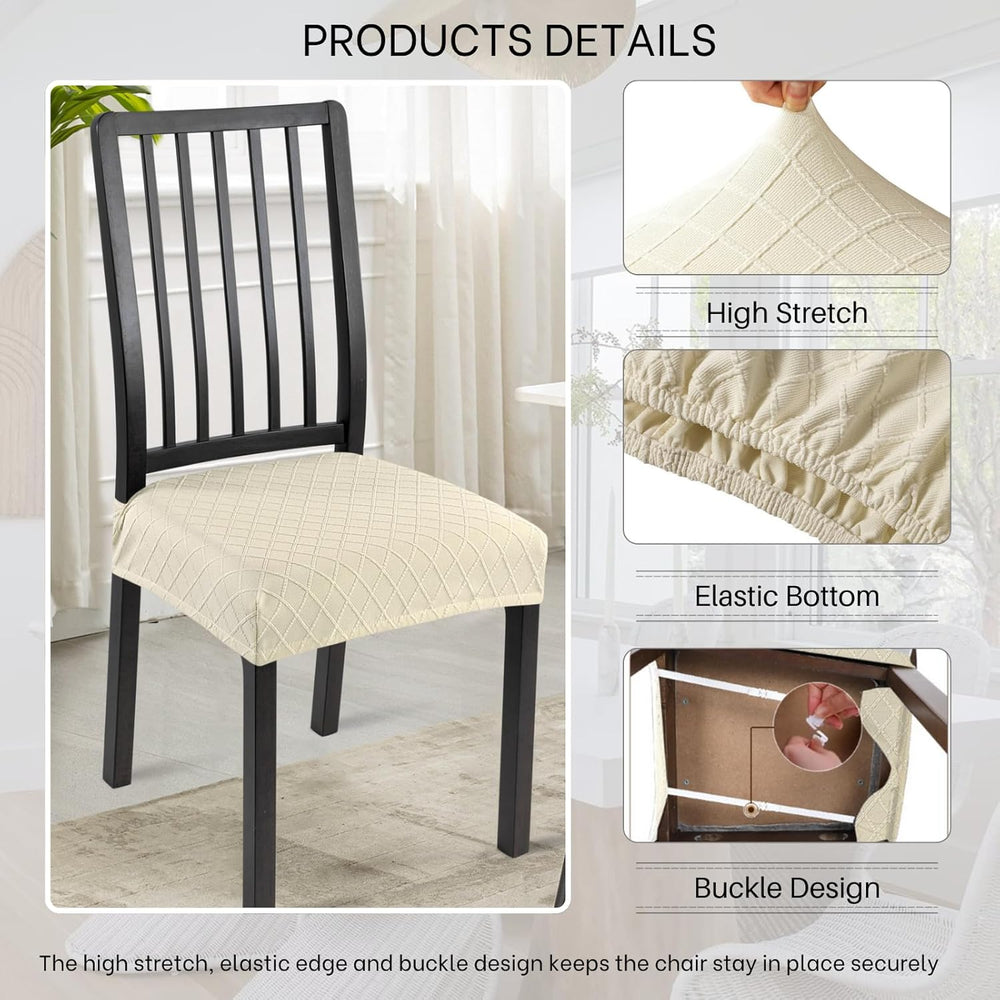 SearchI Dining Chair Seat Covers, Rear Covered(Check Jacquard Beige, 6pcs)