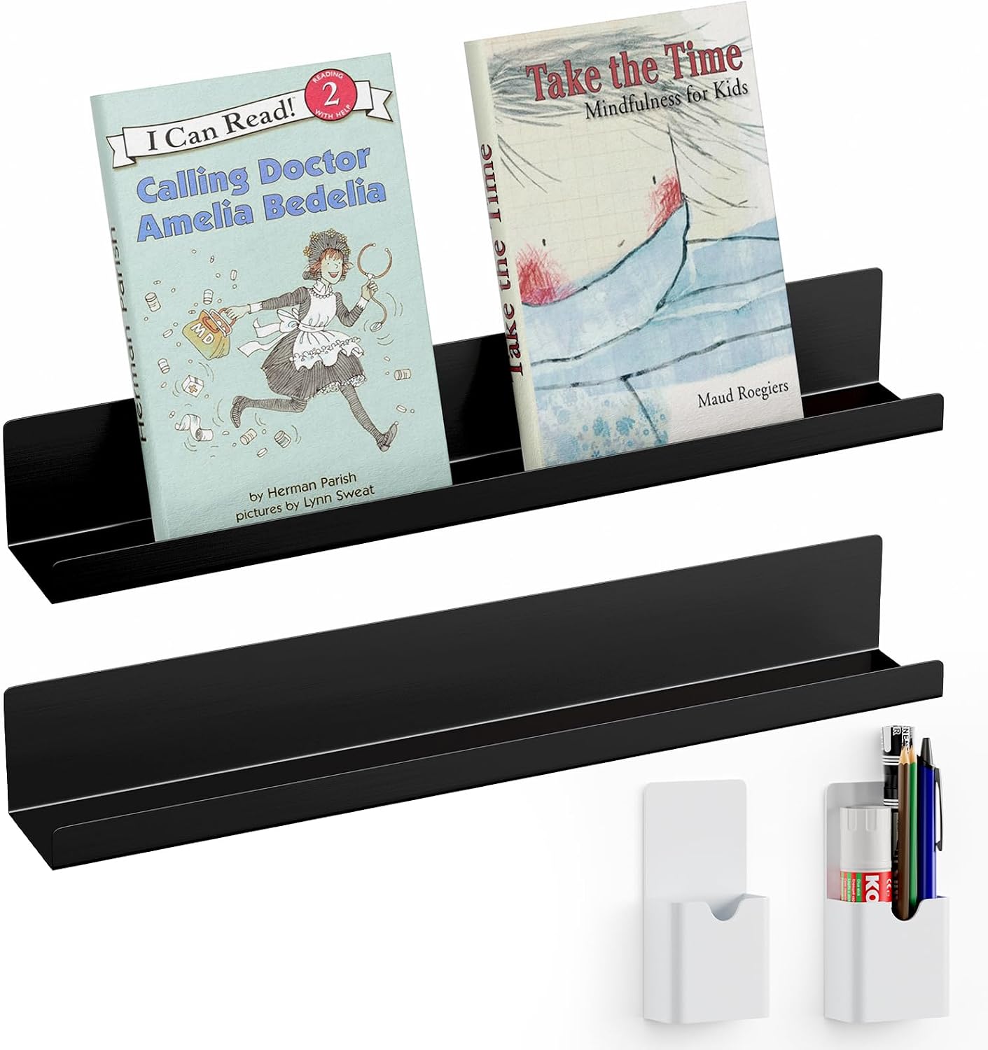 DTUQYX 2-Pack Metal Magnetic Book Shelf: Modern Industrial Style, 2 Shelves, 10 lbs Capacity, Magnetic Shelf for Whiteboard, Classroom & Office(Black)